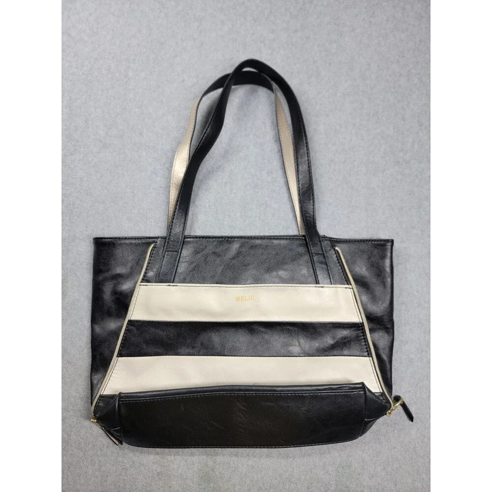 Relic Alexa Leather Black White Stripe Magnetic Double Handles Zip Inner Pockets